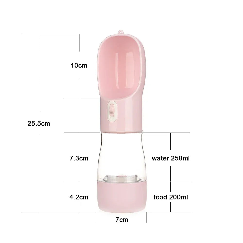 Pet Water Bottle with Integrated Feeder, Pink
