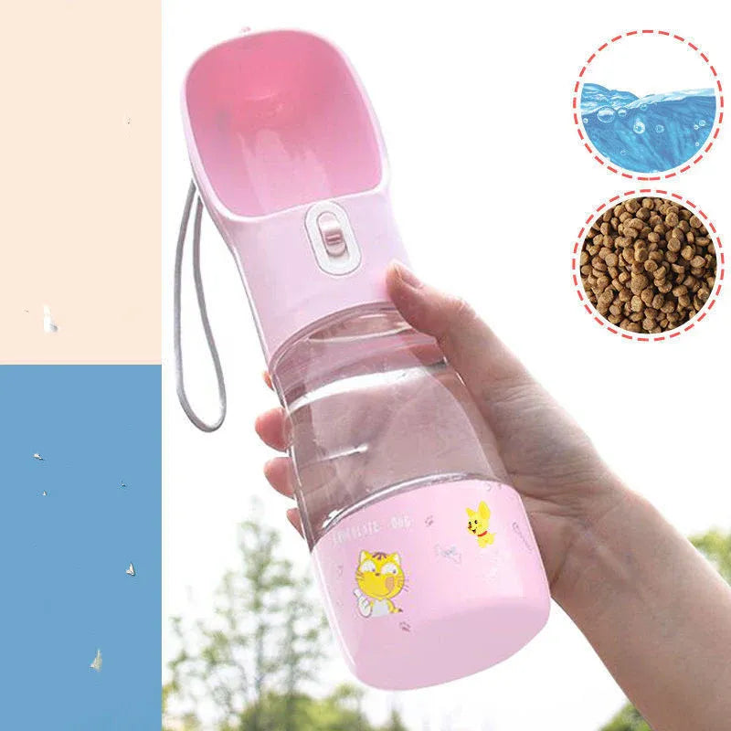 Pet Water Bottle with Integrated Feeder, Pink