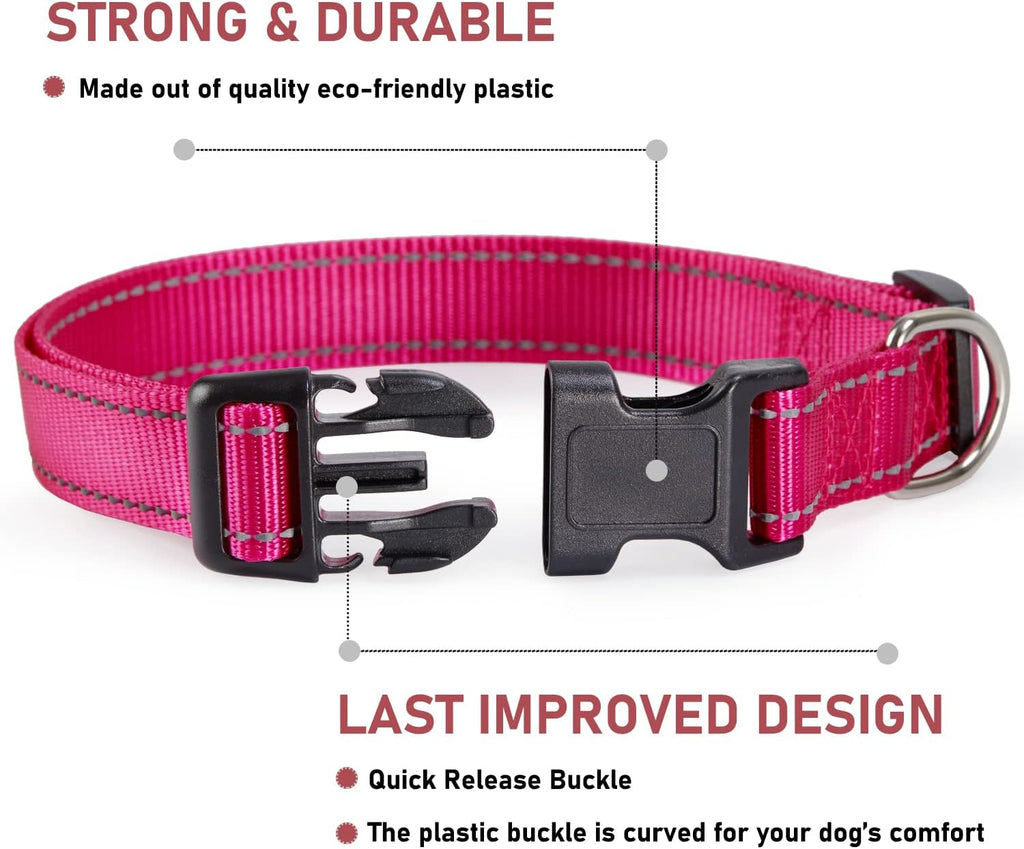 Reflective Dog Collar with Buckle Adjustable Safety Nyl Collars for Small Medium Large Dogs, Pink S