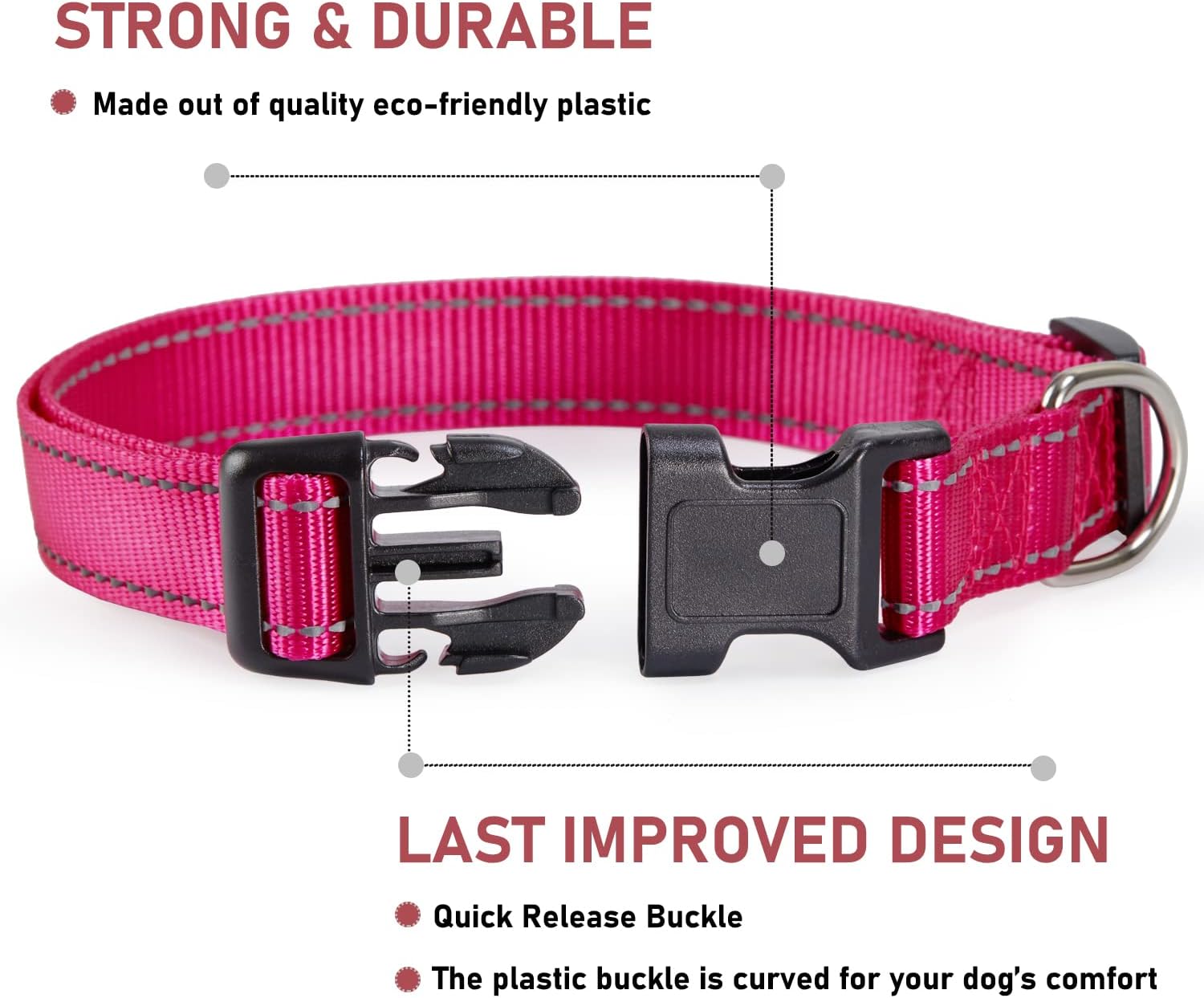 Reflective Dog Collar with Buckle Adjustable Safety Nyl Collars for Small Medium Large Dogs, Pink S