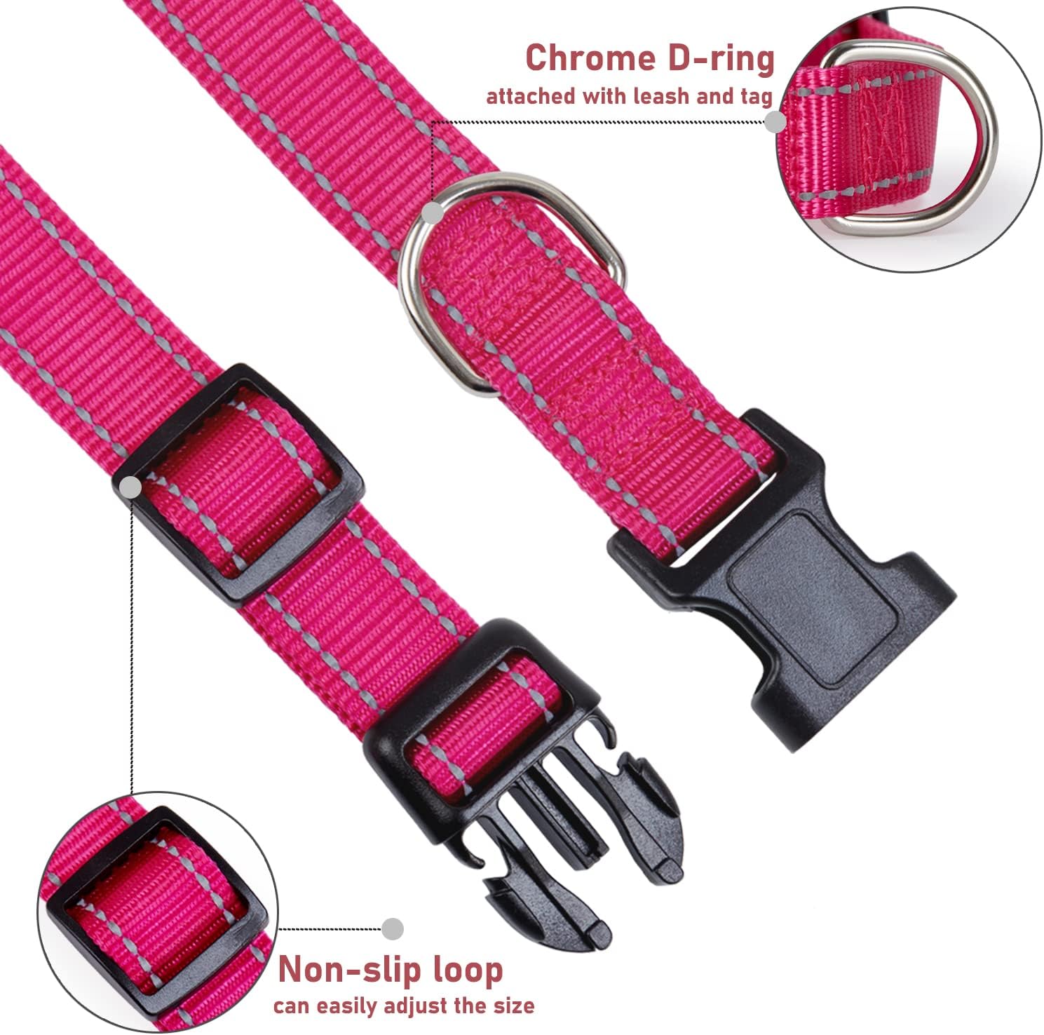 Reflective Dog Collar with Buckle Adjustable Safety Nyl Collars for Small Medium Large Dogs, Pink S