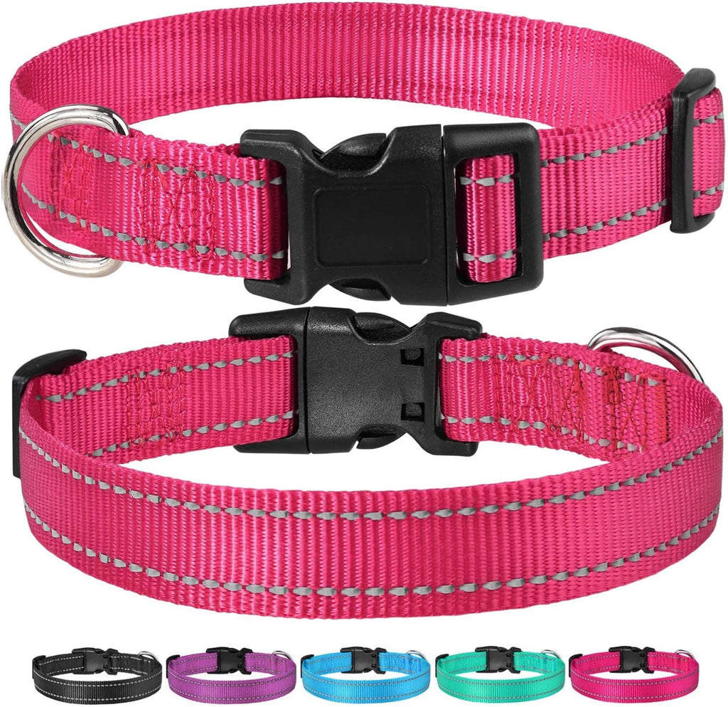 Reflective Dog Collar with Buckle Adjustable Safety Nyl Collars for Small Medium Large Dogs, Pink S