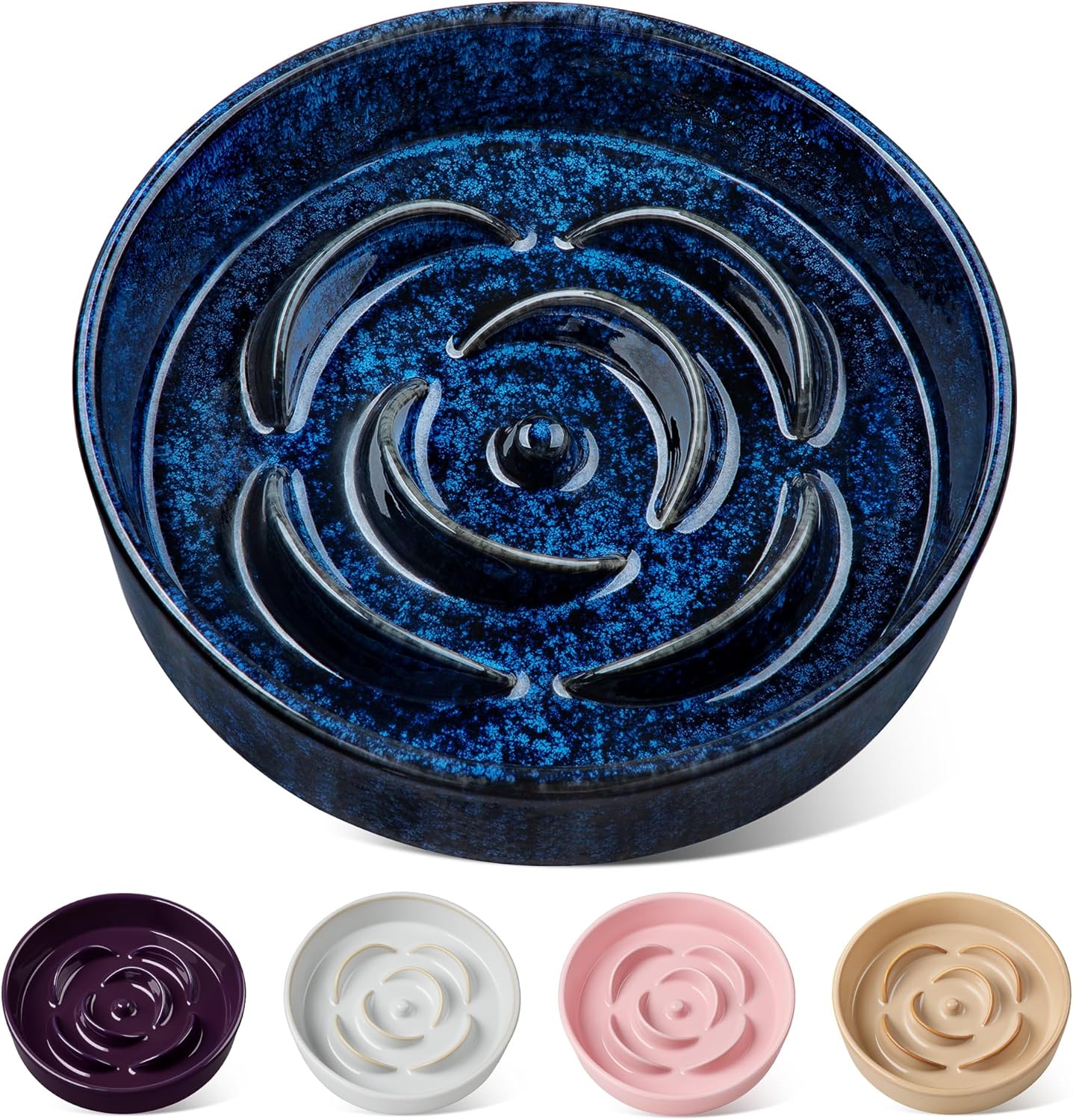 Slow Feeder Dog Bowl, 1.5 Cups Ceramic Slow Feeder for Medium Breed, Puzzle Maze Dog Food Bowl for Fast Eater, Blue