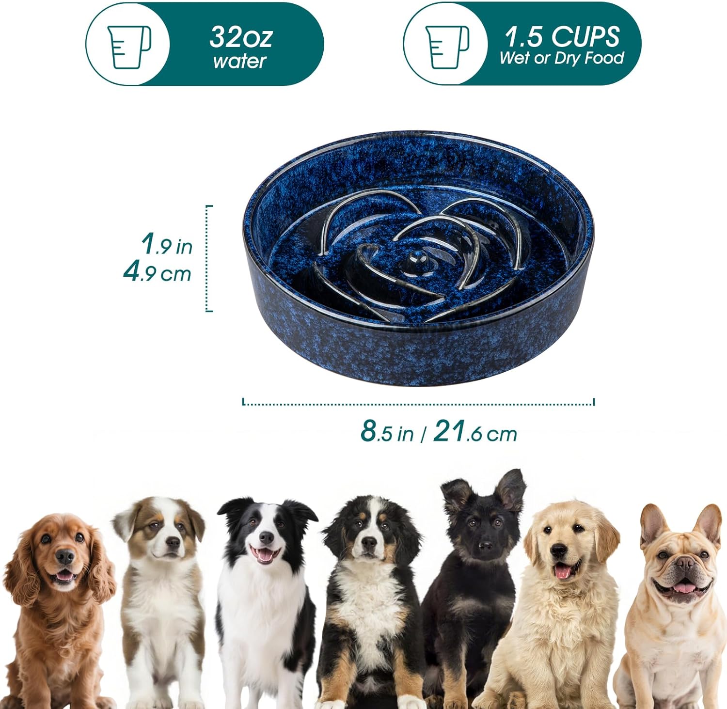 Slow Feeder Dog Bowl, 1.5 Cups Ceramic Slow Feeder for Medium Breed, Puzzle Maze Dog Food Bowl for Fast Eater, Blue