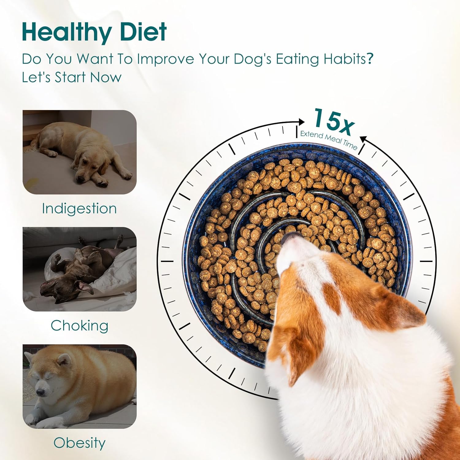 Slow Feeder Dog Bowl, 1.5 Cups Ceramic Slow Feeder for Medium Breed, Puzzle Maze Dog Food Bowl for Fast Eater, Blue