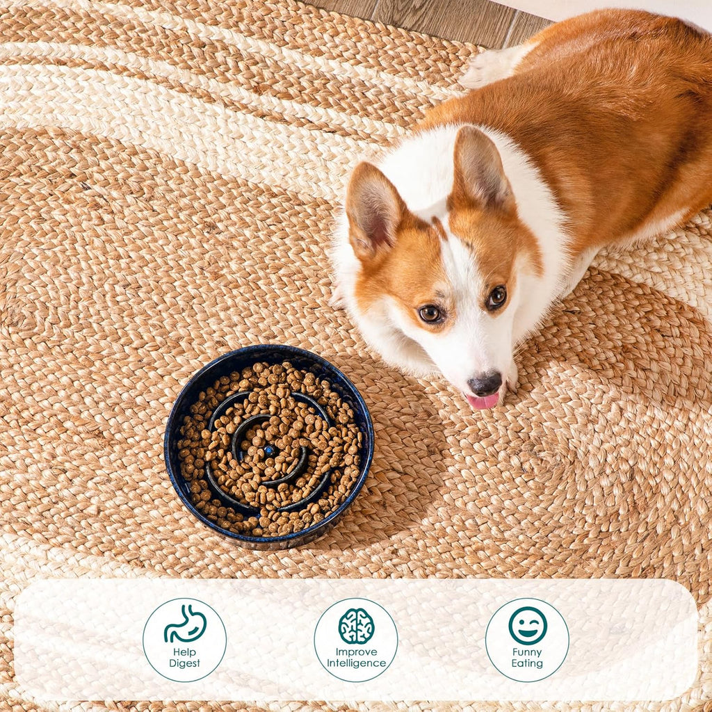 Slow Feeder Dog Bowl, 1.5 Cups Ceramic Slow Feeder for Medium Breed, Puzzle Maze Dog Food Bowl for Fast Eater, Blue