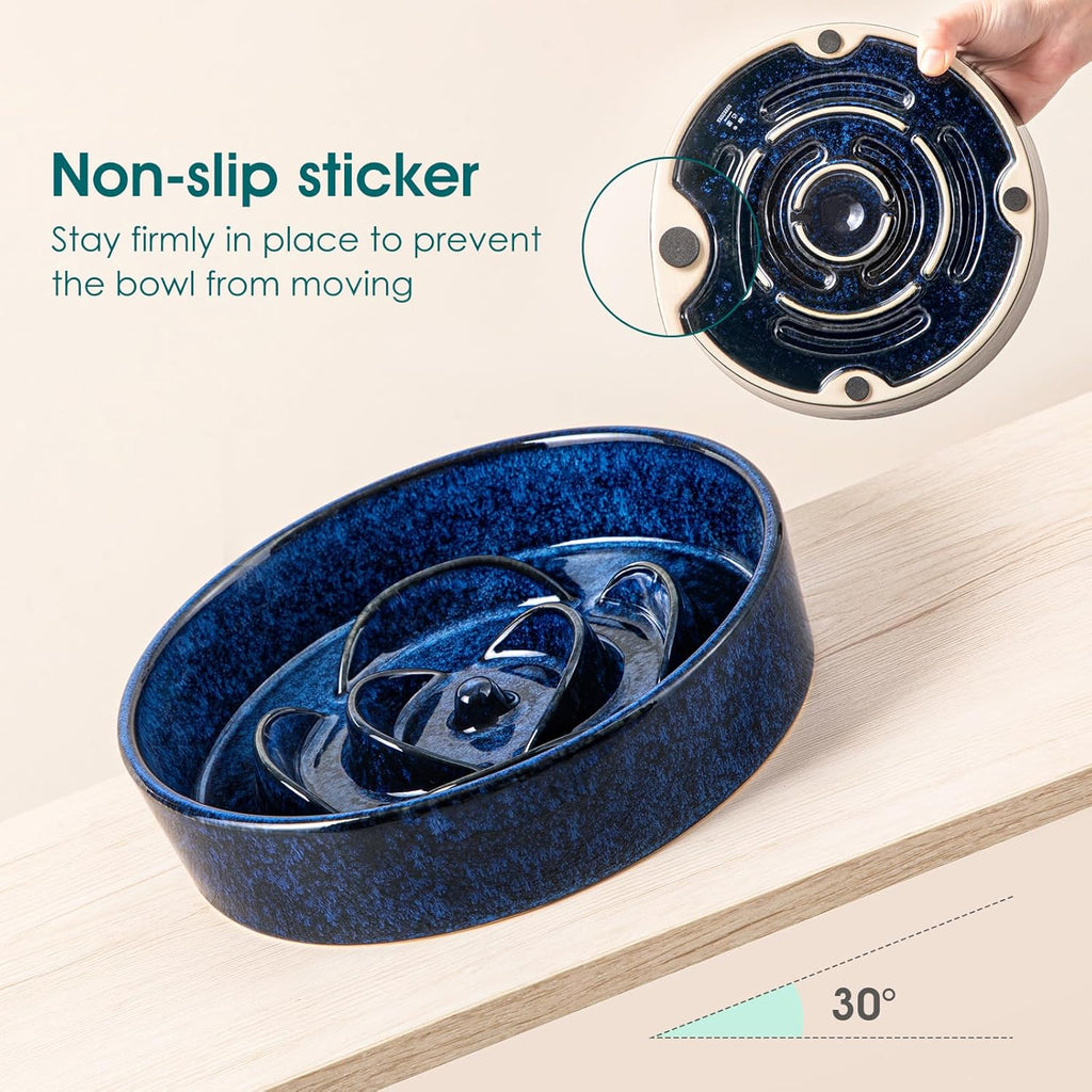 Slow Feeder Dog Bowl, 1.5 Cups Ceramic Slow Feeder for Medium Breed, Puzzle Maze Dog Food Bowl for Fast Eater, Blue