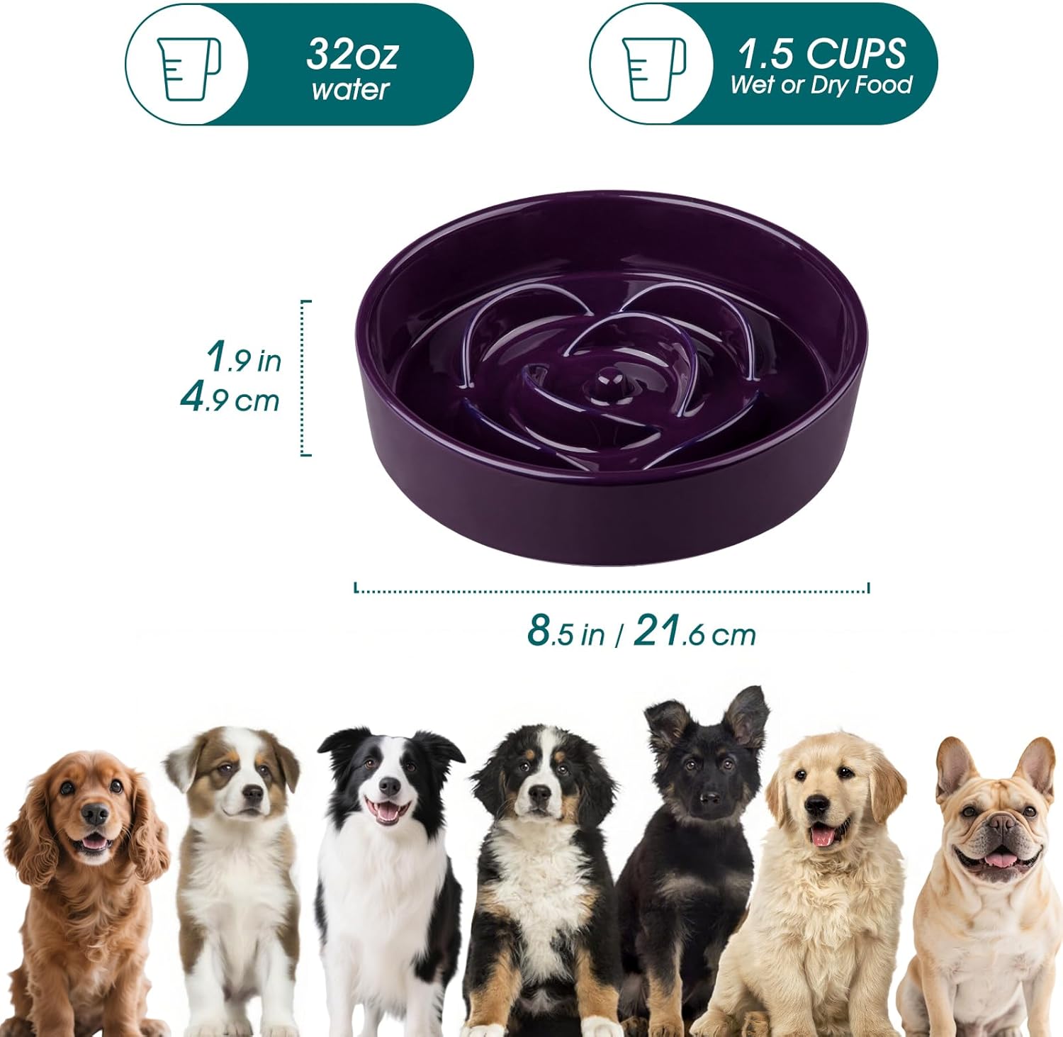 Slow Feeder Dog Bowl, 1.5 Cups Ceramic Slow Feeder for Medium Breed, Puzzle Maze Food Dog Bowl for Fast Eater, Dark Purple