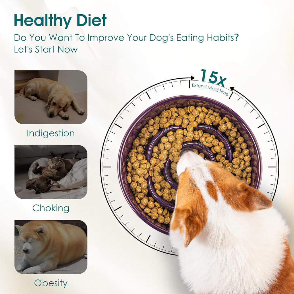 Slow Feeder Dog Bowl, 1.5 Cups Ceramic Slow Feeder for Medium Breed, Puzzle Maze Food Dog Bowl for Fast Eater, Dark Purple