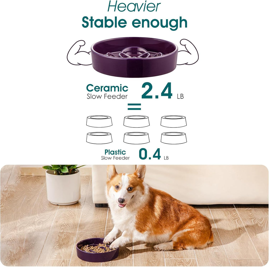 Slow Feeder Dog Bowl, 1.5 Cups Ceramic Slow Feeder for Medium Breed, Puzzle Maze Food Dog Bowl for Fast Eater, Dark Purple