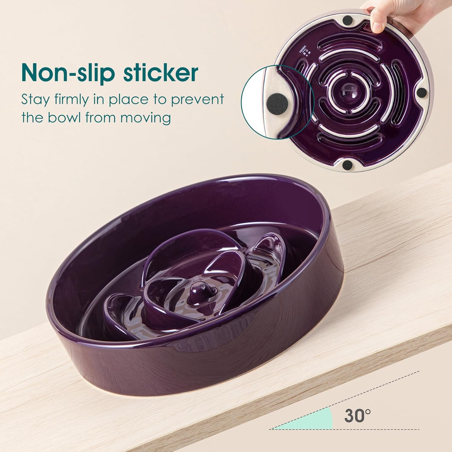 Slow Feeder Dog Bowl, 1.5 Cups Ceramic Slow Feeder for Medium Breed, Puzzle Maze Food Dog Bowl for Fast Eater, Dark Purple