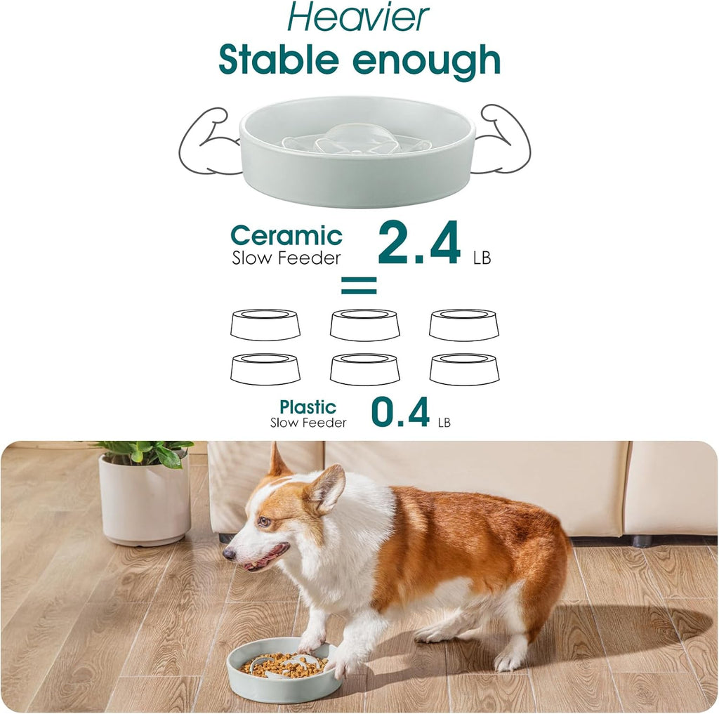 Slow Feeder Dog Bowl, 1.5 Cups Ceramic Dog Food Dish for Fast Eaters Small Breed, Puzzle Bowl for Small Dogs and Cats, Grayish Cyan
