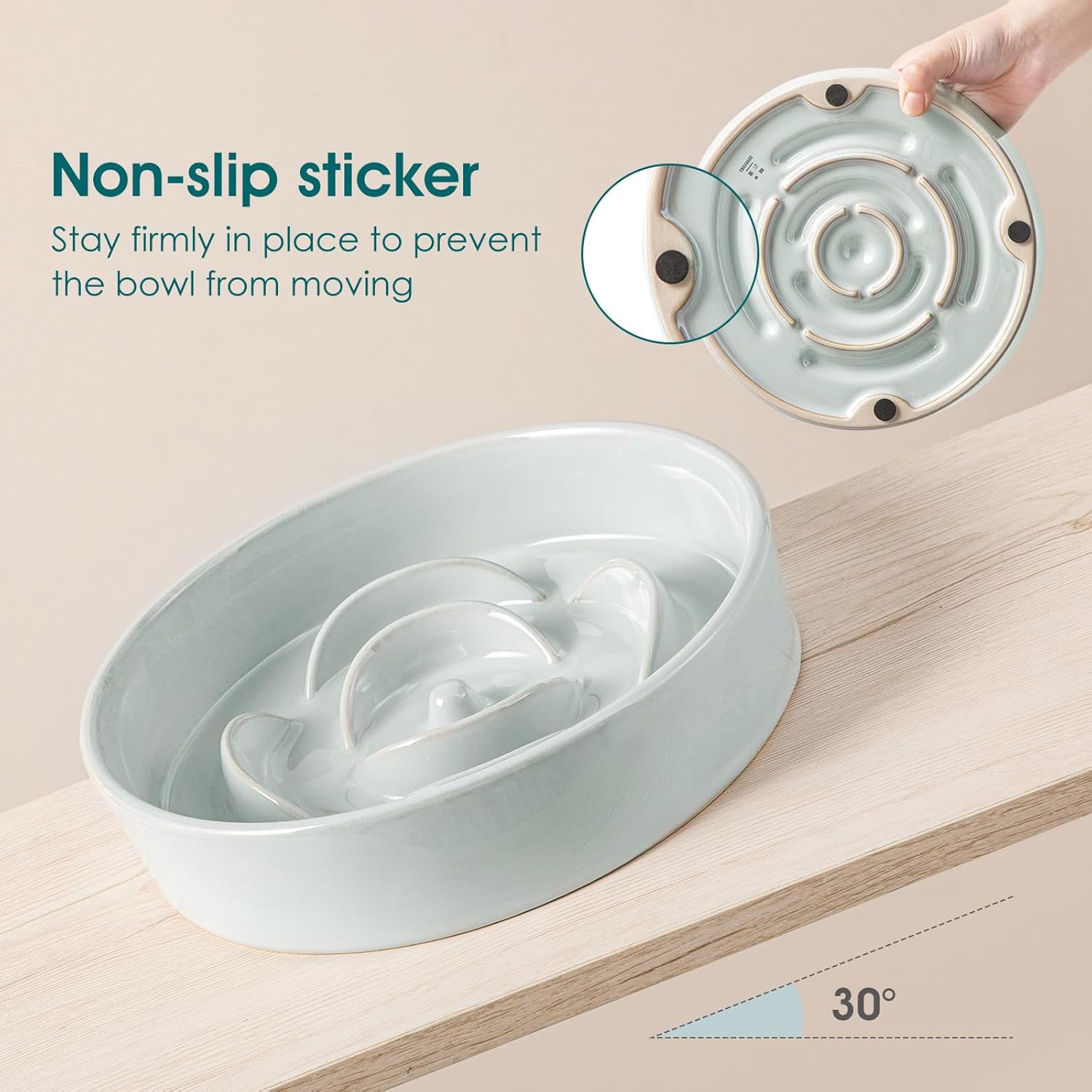 Slow Feeder Dog Bowl, 1.5 Cups Ceramic Dog Food Dish for Fast Eaters Small Breed, Puzzle Bowl for Small Dogs and Cats, Grayish Cyan