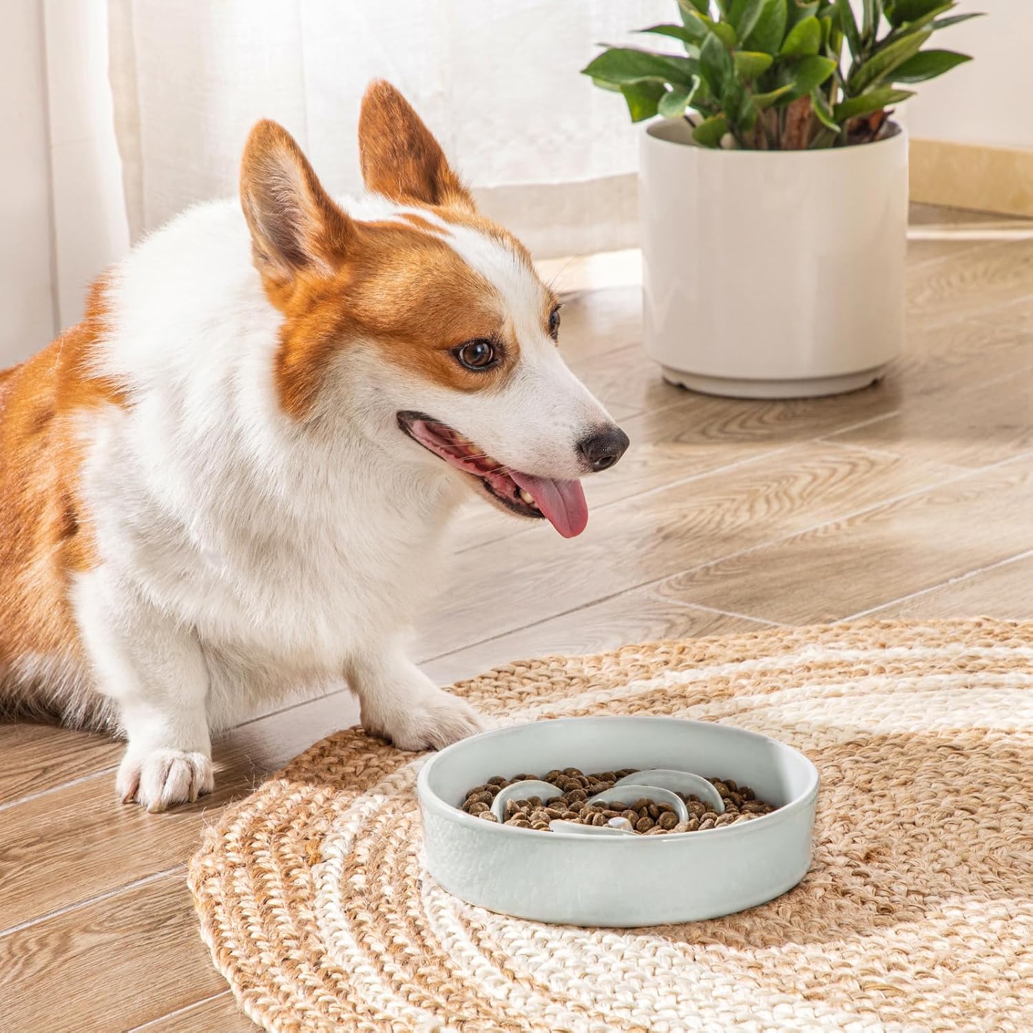 Slow Feeder Dog Bowl, 1.5 Cups Ceramic Dog Food Dish for Fast Eaters Small Breed, Puzzle Bowl for Small Dogs and Cats, Grayish Cyan