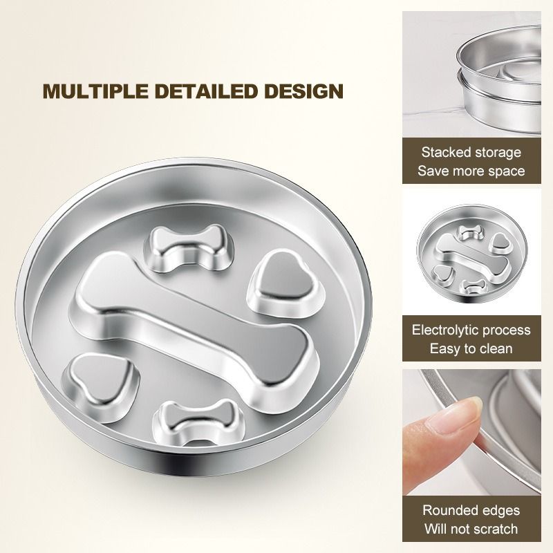 2-Piece Stainless Steel Slow Feeder Set for Pets, Reversible, for Cats and Dogs – Puppy Design