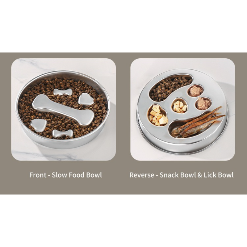 2-Piece Stainless Steel Slow Feeder Set for Pets, Reversible, for Cats and Dogs – Puppy Design