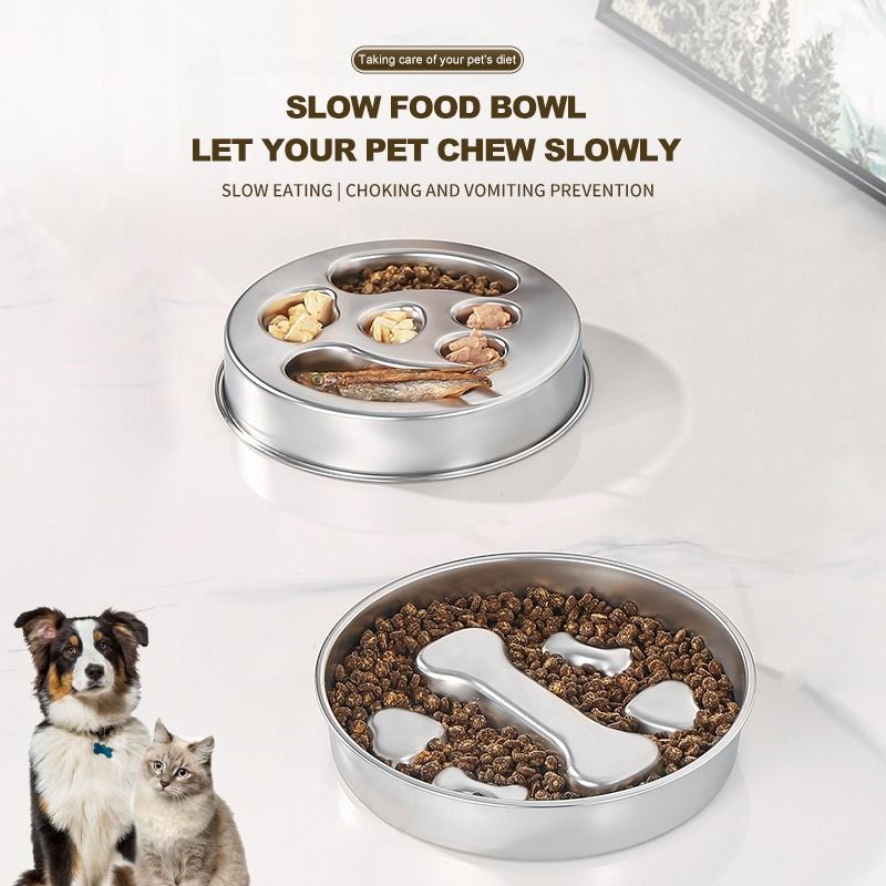 2-Piece Stainless Steel Slow Feeder Set for Pets, Reversible, for Cats and Dogs – Bone Design