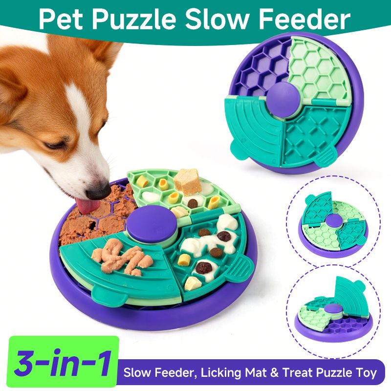 3-in-1 Pet Puzzle Slow Feeder Bowl with Multi-Level Rotating Disk - Purple-green
