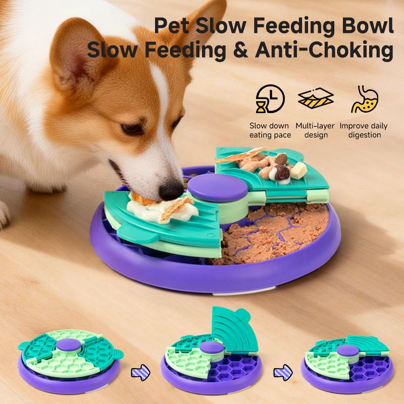 3-in-1 Pet Puzzle Slow Feeder Bowl with Multi-Level Rotating Disk - Purple-green