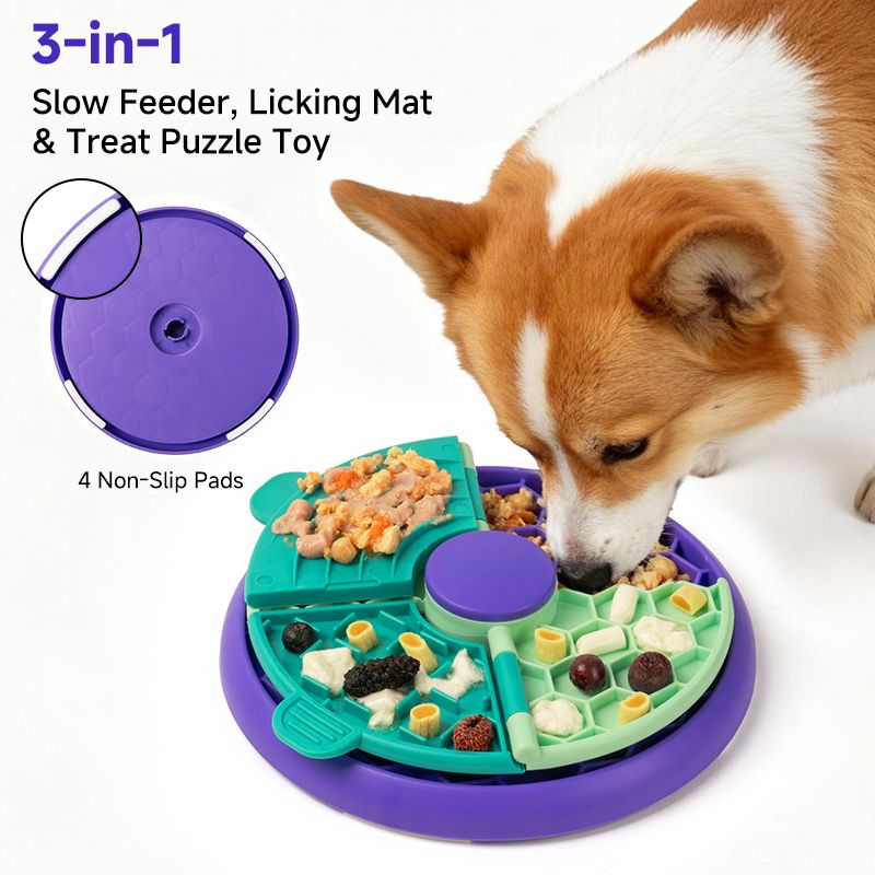 3-in-1 Pet Puzzle Slow Feeder Bowl with Multi-Level Rotating Disk - Purple-green
