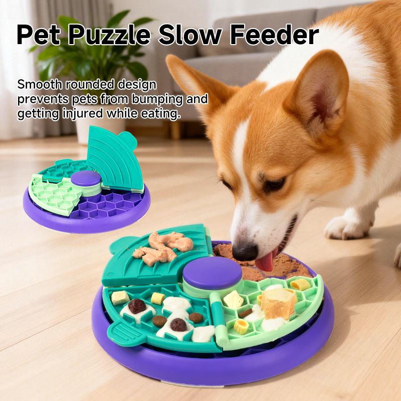 3-in-1 Pet Puzzle Slow Feeder Bowl with Multi-Level Rotating Disk - Purple-green