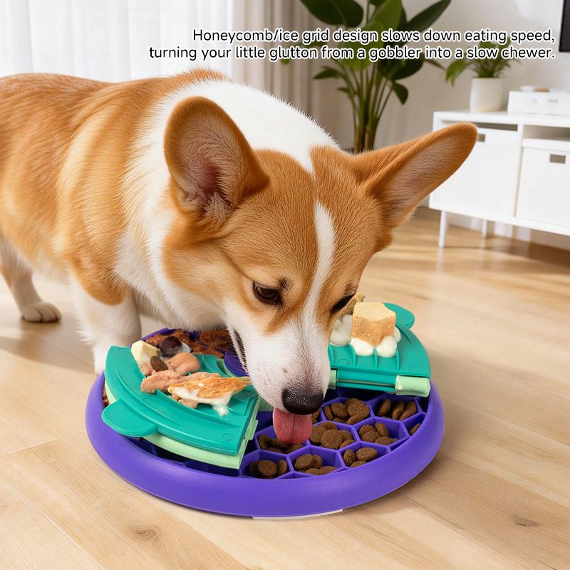 3-in-1 Pet Puzzle Slow Feeder Bowl with Multi-Level Rotating Disk - Purple-green