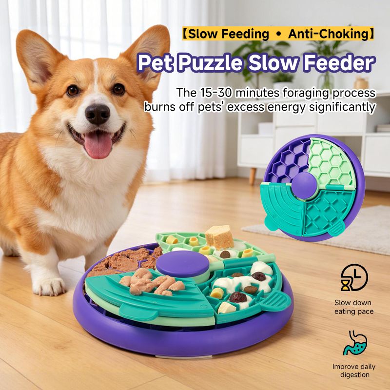 3-in-1 Pet Puzzle Slow Feeder Bowl with Multi-Level Rotating Disk - Purple-green