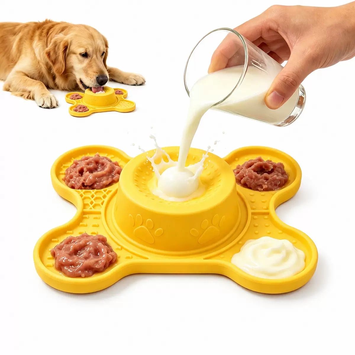 3-in-1 Silicone Lick Mat with Rolling Treat Ball – Slow Feeder, Anxiety Relief, and Engaging Puzzle for Dogs and Cats, Perfect for Peanut Butter, Yogurt, Wet Food, and Freezer Treats (Yellow)