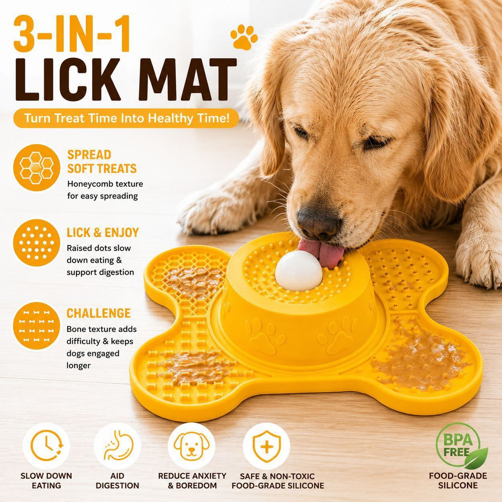 3-in-1 Silicone Lick Mat with Rolling Treat Ball – Slow Feeder, Anxiety Relief, and Engaging Puzzle for Dogs and Cats, Perfect for Peanut Butter, Yogurt, Wet Food, and Freezer Treats (Yellow)
