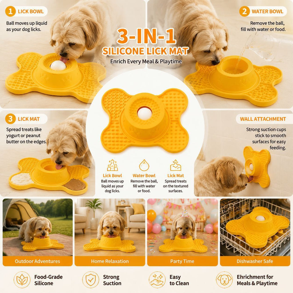 3-in-1 Silicone Lick Mat with Rolling Treat Ball – Slow Feeder, Anxiety Relief, and Engaging Puzzle for Dogs and Cats, Perfect for Peanut Butter, Yogurt, Wet Food, and Freezer Treats (Yellow)