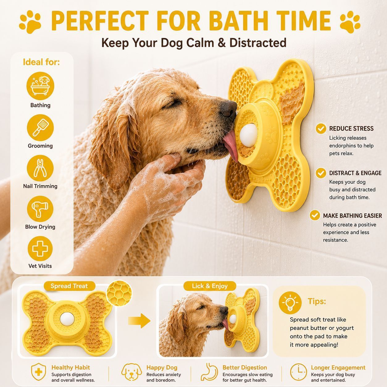 3-in-1 Silicone Lick Mat with Rolling Treat Ball – Slow Feeder, Anxiety Relief, and Engaging Puzzle for Dogs and Cats, Perfect for Peanut Butter, Yogurt, Wet Food, and Freezer Treats (Yellow)