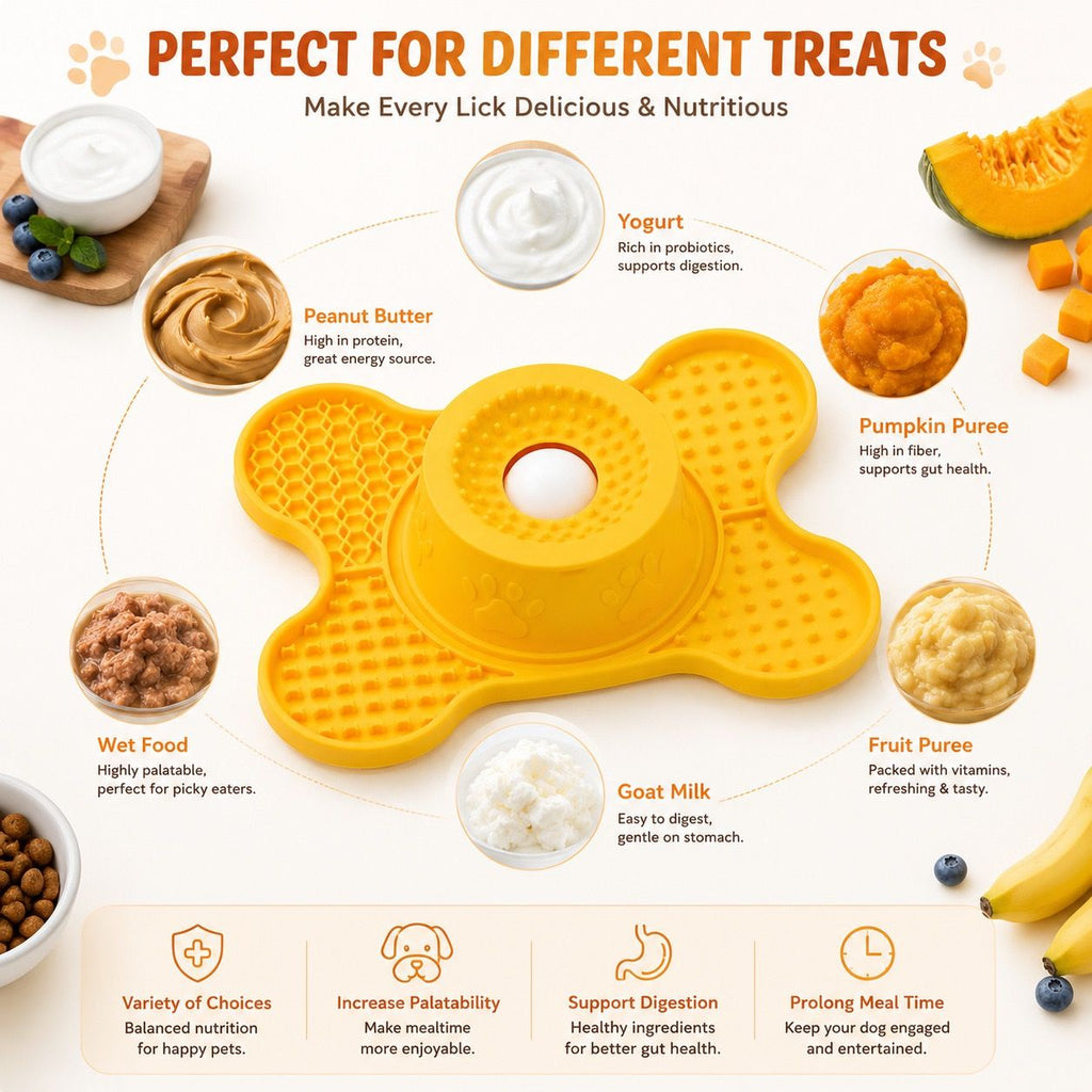3-in-1 Silicone Lick Mat with Rolling Treat Ball – Slow Feeder, Anxiety Relief, and Engaging Puzzle for Dogs and Cats, Perfect for Peanut Butter, Yogurt, Wet Food, and Freezer Treats (Yellow)