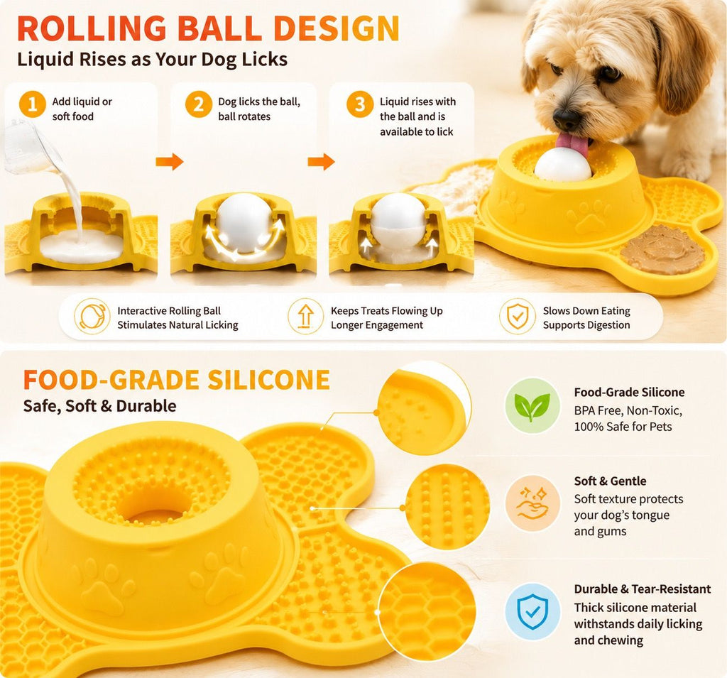 3-in-1 Silicone Lick Mat with Rolling Treat Ball – Slow Feeder, Anxiety Relief, and Engaging Puzzle for Dogs and Cats, Perfect for Peanut Butter, Yogurt, Wet Food, and Freezer Treats (Yellow)