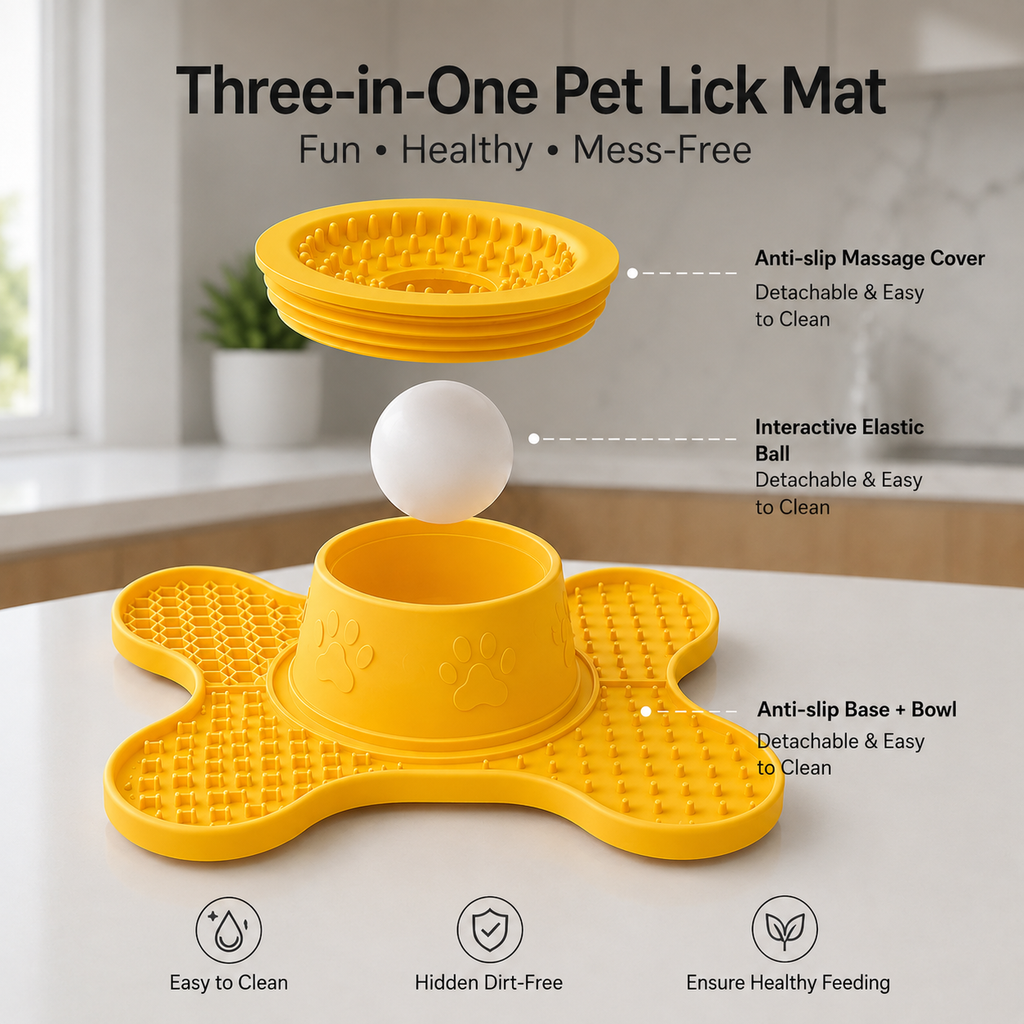 3-in-1 Silicone Lick Mat with Rolling Treat Ball – Slow Feeder, Anxiety Relief, and Engaging Puzzle for Dogs and Cats, Perfect for Peanut Butter, Yogurt, Wet Food, and Freezer Treats (Yellow)