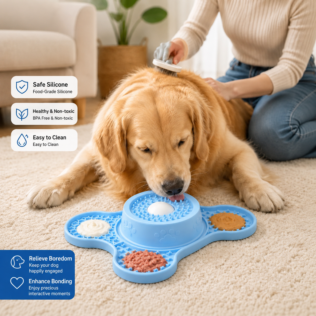 Keep your furry friend happily occupied with this 3-in-1 bone-shaped lick mat and slow feeder, featuring a textured rolling treat ball and multiple sensory zones, perfect for spreading wet food, yogurt, or kibble to soothe anxiety, curb boredom, and trans