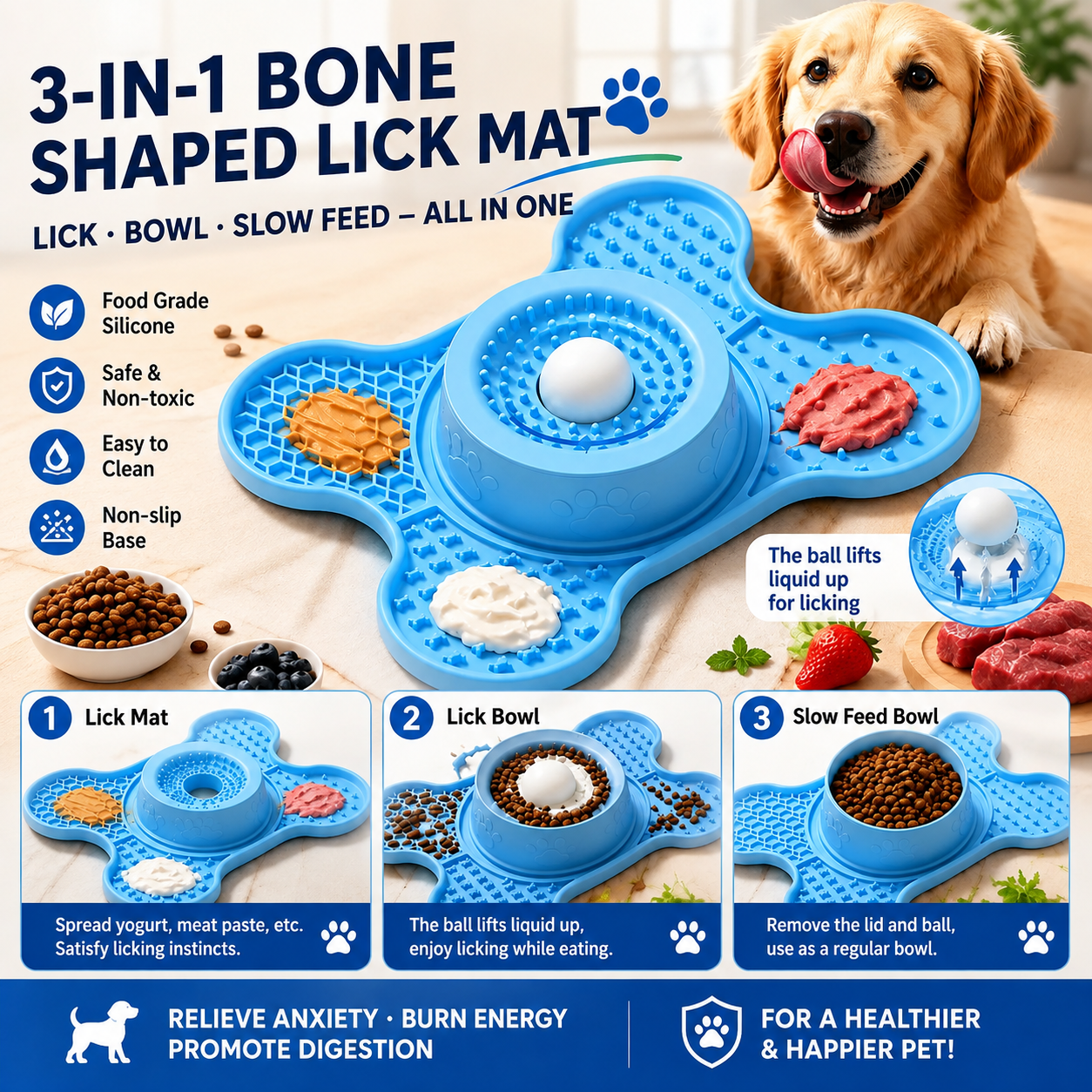Keep your furry friend happily occupied with this 3-in-1 bone-shaped lick mat and slow feeder, featuring a textured rolling treat ball and multiple sensory zones, perfect for spreading wet food, yogurt, or kibble to soothe anxiety, curb boredom, and trans
