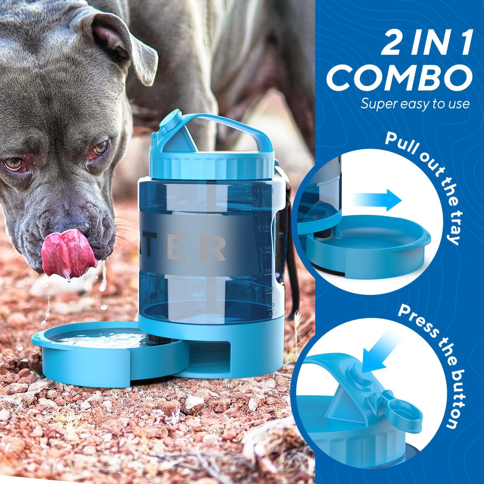 Portable Pet Water Bottle with Built-in Bowl – Leak-Proof, Large Capacity 77oz for Camping, Hiking, and Dog Park Adventures – Ideal for Small to Medium Breeds, Easy to Carry Outdoor Dog Travel Dispenser (Blue)