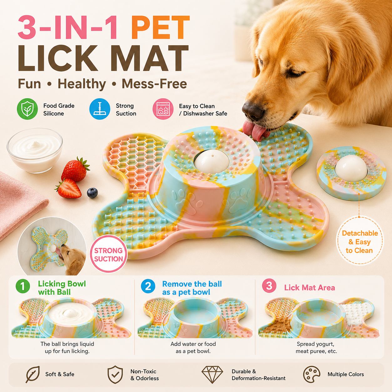 3-in-1 Bone-Shaped Slow Feeder Licking Mat with Removable Rolling Ball – Interactive Silicone Pad for Dogs, Perfect for Spreadable Treats, Bathing Distraction, and Outdoor Adventures. (MultiColor)