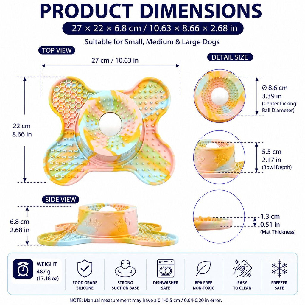 3-in-1 Bone-Shaped Slow Feeder Licking Mat with Removable Rolling Ball – Interactive Silicone Pad for Dogs, Perfect for Spreadable Treats, Bathing Distraction, and Outdoor Adventures. (MultiColor)