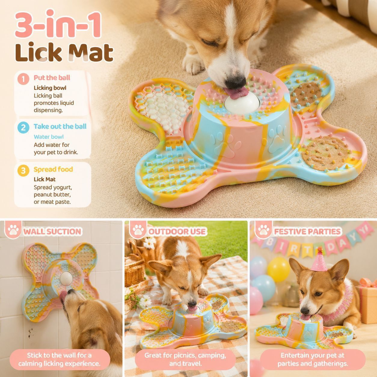 3-in-1 Bone-Shaped Slow Feeder Licking Mat with Removable Rolling Ball – Interactive Silicone Pad for Dogs, Perfect for Spreadable Treats, Bathing Distraction, and Outdoor Adventures. (MultiColor)