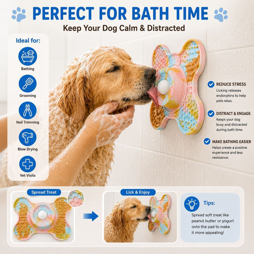 3-in-1 Bone-Shaped Slow Feeder Licking Mat with Removable Rolling Ball – Interactive Silicone Pad for Dogs, Perfect for Spreadable Treats, Bathing Distraction, and Outdoor Adventures. (MultiColor)