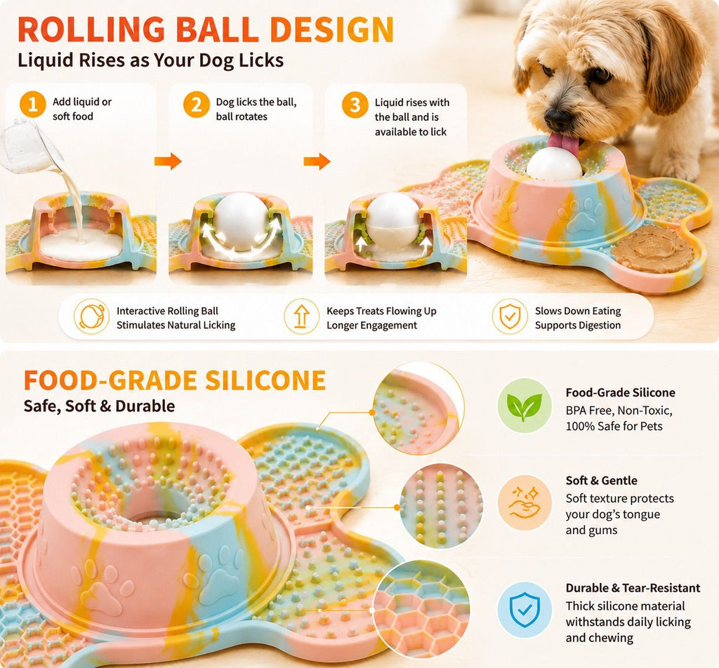 3-in-1 Bone-Shaped Slow Feeder Licking Mat with Removable Rolling Ball – Interactive Silicone Pad for Dogs, Perfect for Spreadable Treats, Bathing Distraction, and Outdoor Adventures. (MultiColor)