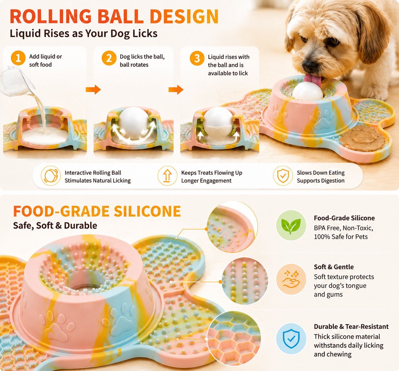 3-in-1 Bone-Shaped Slow Feeder Licking Mat with Removable Rolling Ball – Interactive Silicone Pad for Dogs, Perfect for Spreadable Treats, Bathing Distraction, and Outdoor Adventures. (MultiColor)
