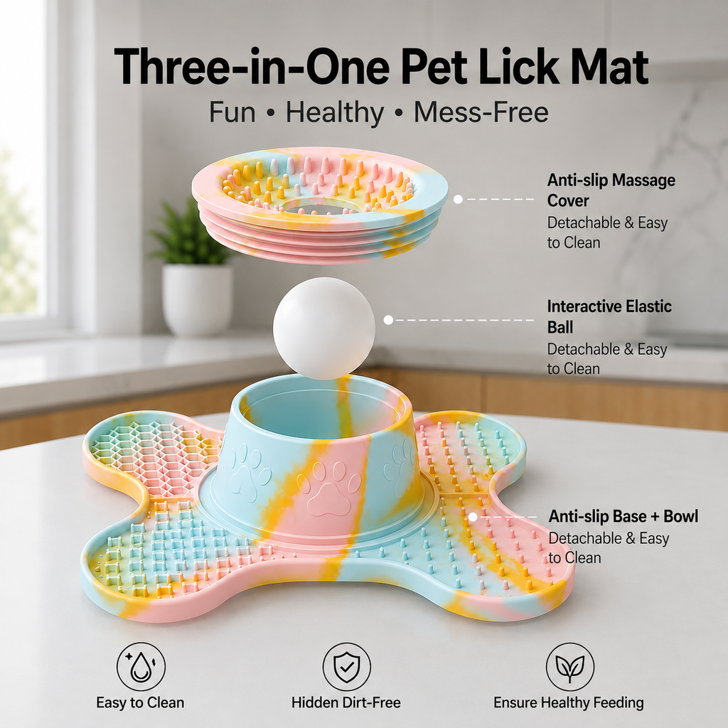 3-in-1 Bone-Shaped Slow Feeder Licking Mat with Removable Rolling Ball – Interactive Silicone Pad for Dogs, Perfect for Spreadable Treats, Bathing Distraction, and Outdoor Adventures. (MultiColor)