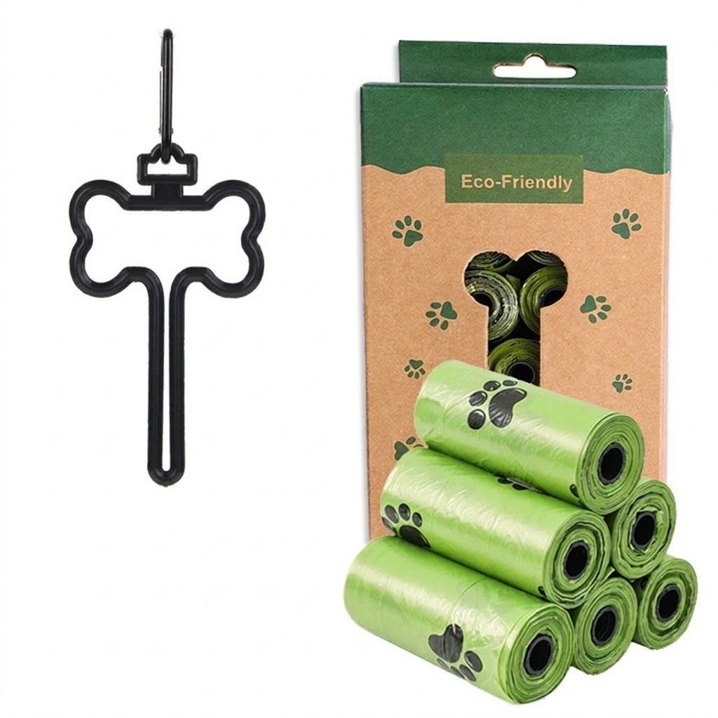 Eco-Friendly Pet Waste Bag Set with Bone-Shaped Carrier Hook and D-Ring Clip – Thick Leak-Proof Poop Bags for Outdoor Dog Walks, Hands-Free Convenience with Portable Storage Pouch Option (8 Rolls Box Set + Poop Bag Dispenser + Oxford Cloth Bag Dispenser)