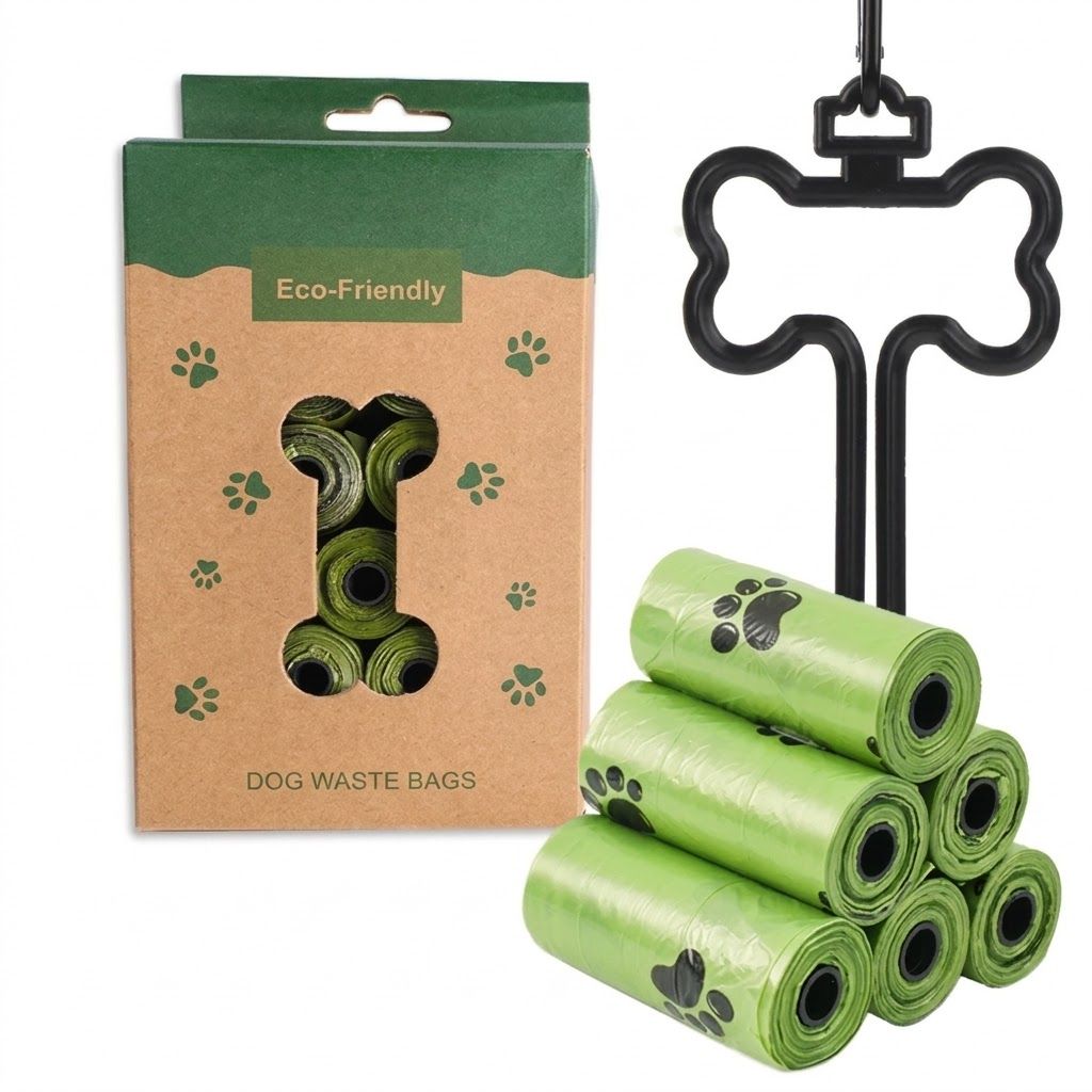 Eco-Friendly Pet Waste Bag Set with Bone-Shaped Carrier Hook and D-Ring Clip – Thick Leak-Proof Poop Bags for Outdoor Dog Walks, Hands-Free Convenience with Portable Storage Pouch Option (8 Rolls Box Set + Poop Bag Dispenser + Oxford Cloth Bag Dispenser)