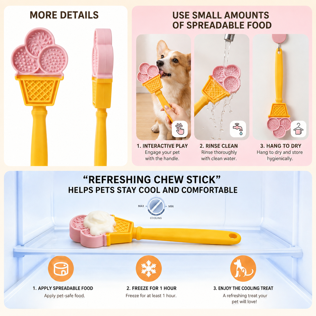 Food-Grade Silicone Pet Licking Stick – Interactive Dog & Cat Treat Toy for Slow Feeding, Dental Stimulation, and Stress Relief in Adorable Strawberry, Heart, Croissant, and Ice Cream Designs (D)