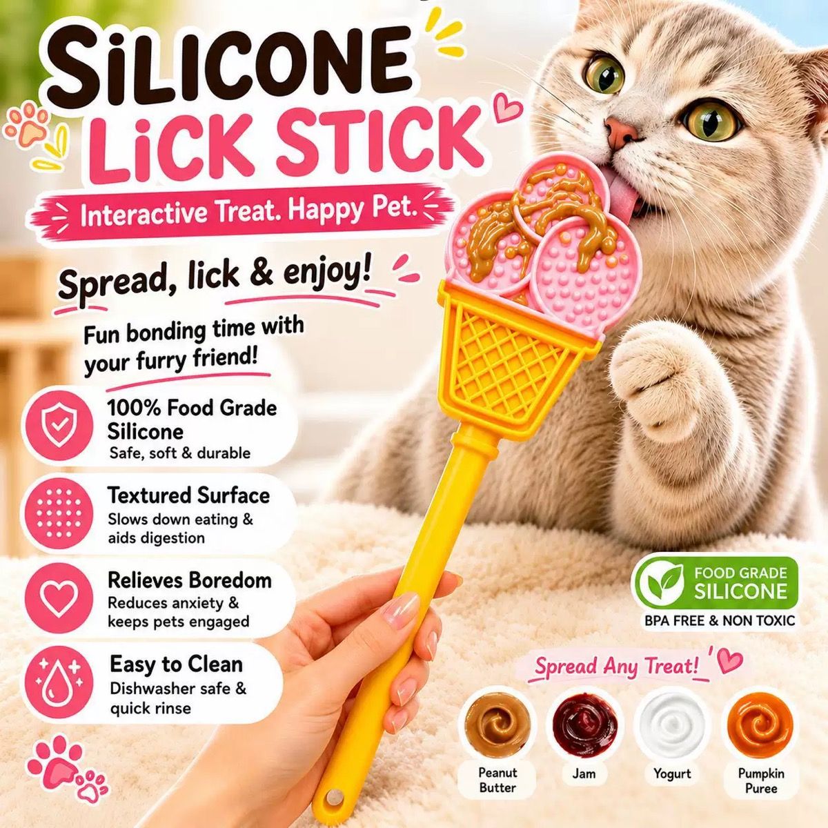 Food-Grade Silicone Pet Licking Stick – Interactive Dog & Cat Treat Toy for Slow Feeding, Dental Stimulation, and Stress Relief in Adorable Strawberry, Heart, Croissant, and Ice Cream Designs (D)