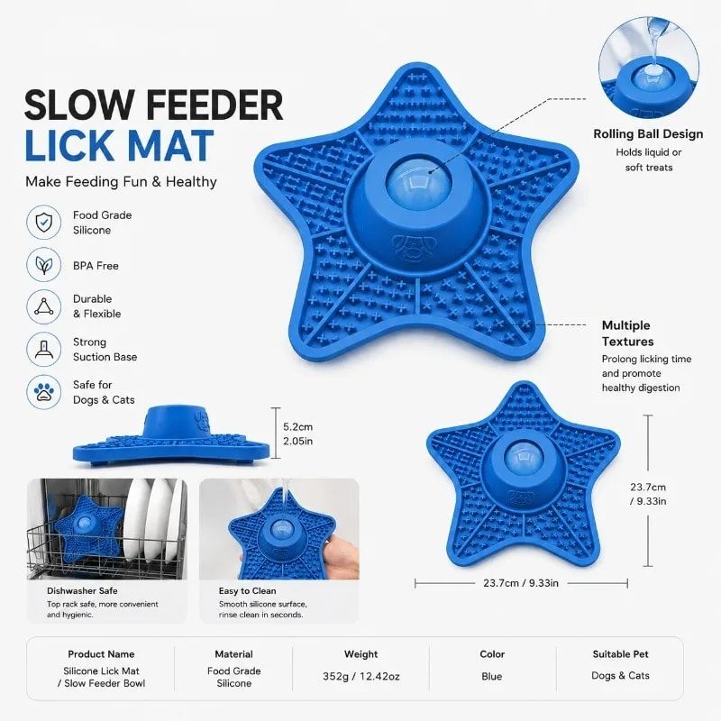 Innovative Two-in-One Star-Shaped Slow Feeder Lick Mat for All Breeds of Dogs and Cats – Our Original 5-Point Silicone Pad with Rolling Ball Insert Helps Prevent Choking, Reduces Anxiety, and Promotes Oral Health Through Extended Licking (Blue)