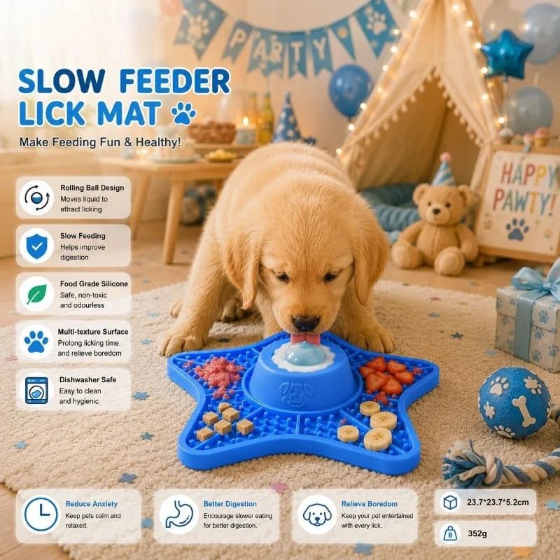 Innovative Two-in-One Star-Shaped Slow Feeder Lick Mat for All Breeds of Dogs and Cats – Our Original 5-Point Silicone Pad with Rolling Ball Insert Helps Prevent Choking, Reduces Anxiety, and Promotes Oral Health Through Extended Licking (Blue)